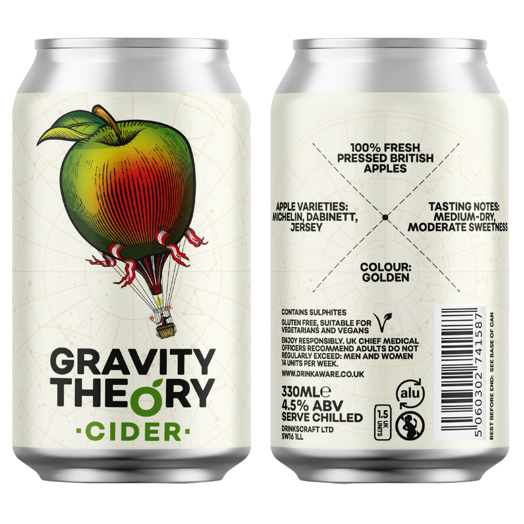 Gravity Theory Cider 330ml can with back of pack